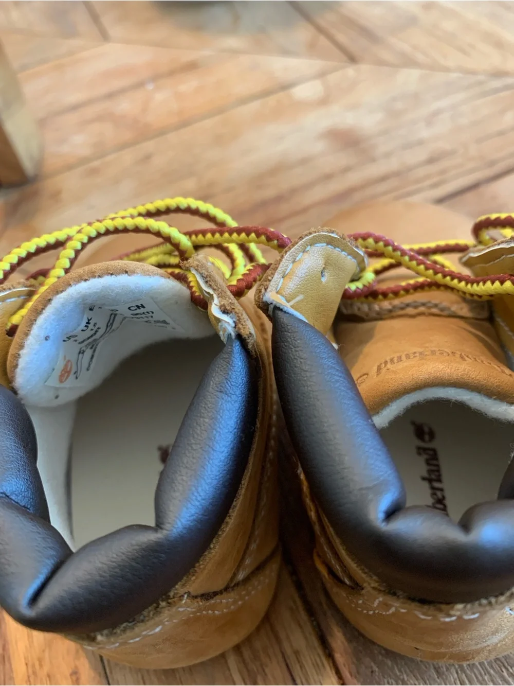 Timberland Kids Tan Boots with Yellow and Burgundy Two-Tone Laces